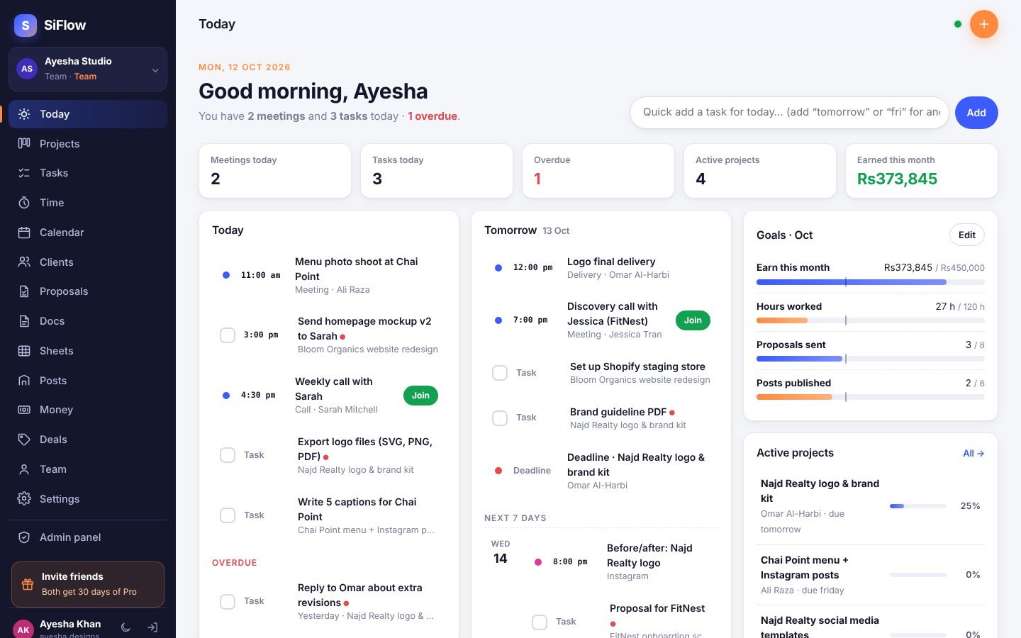SiFlow Today screen with meetings, tasks and active projects